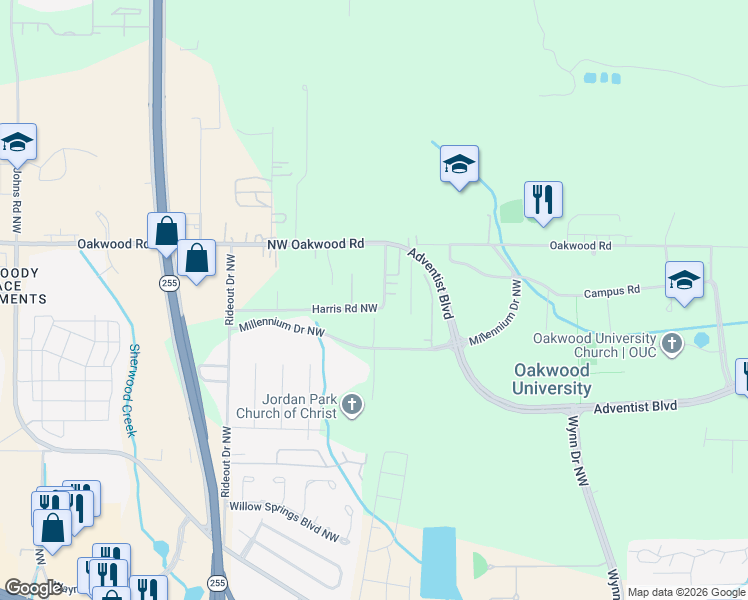 map of restaurants, bars, coffee shops, grocery stores, and more near 172 Harris Road Northwest in Huntsville