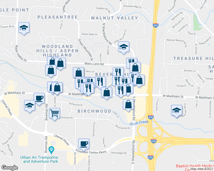 map of restaurants, bars, coffee shops, grocery stores, and more near 23 Shackleford Drive in Little Rock