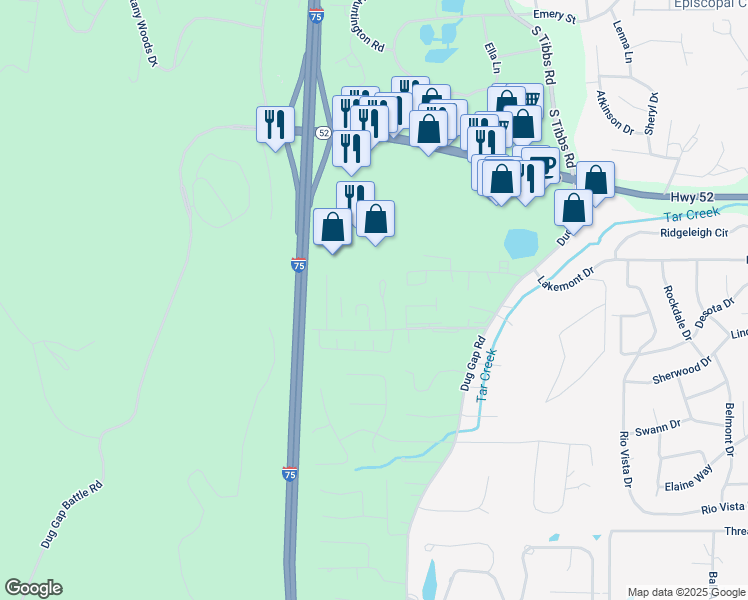 map of restaurants, bars, coffee shops, grocery stores, and more near 1406 Rosewood Circle in Dalton