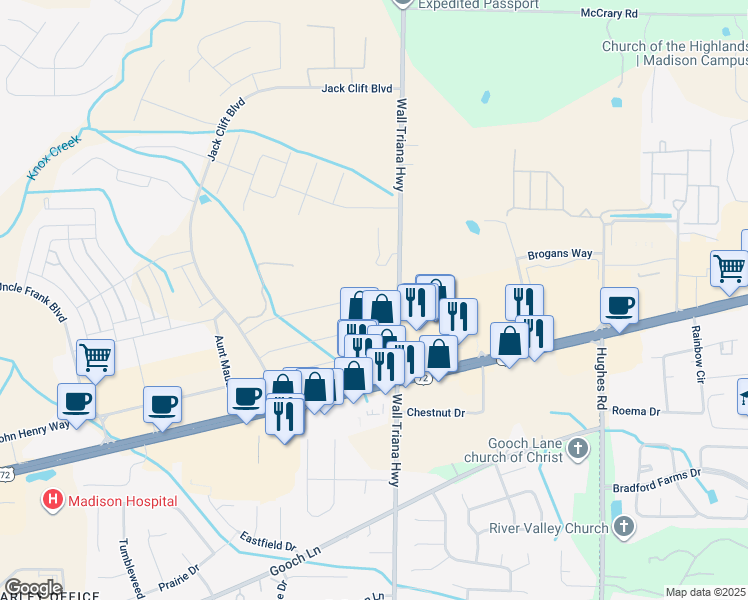 map of restaurants, bars, coffee shops, grocery stores, and more near 5968 Wall Triana Highway in Madison