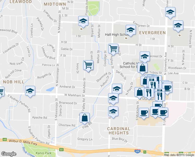map of restaurants, bars, coffee shops, grocery stores, and more near 7006 Shamrock Drive in Little Rock