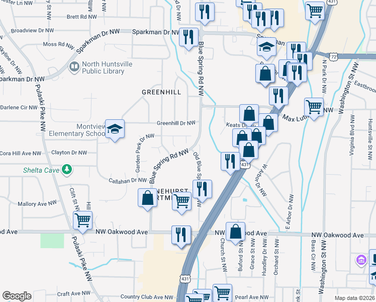 map of restaurants, bars, coffee shops, grocery stores, and more near 2308 Old Blue Spring Road Northwest in Huntsville