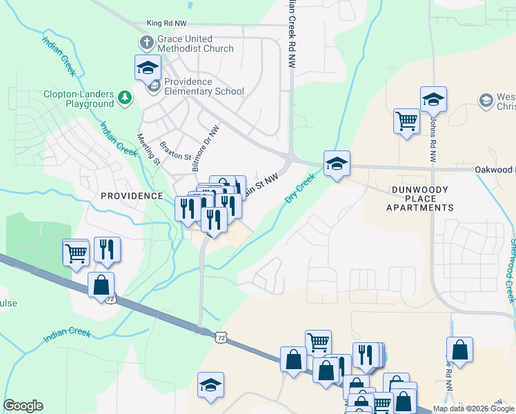 map of restaurants, bars, coffee shops, grocery stores, and more near 500 Providence Main Street Northwest in Huntsville