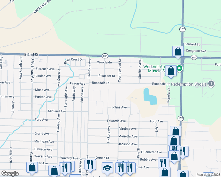 map of restaurants, bars, coffee shops, grocery stores, and more near 704 Hickory Avenue in Muscle Shoals