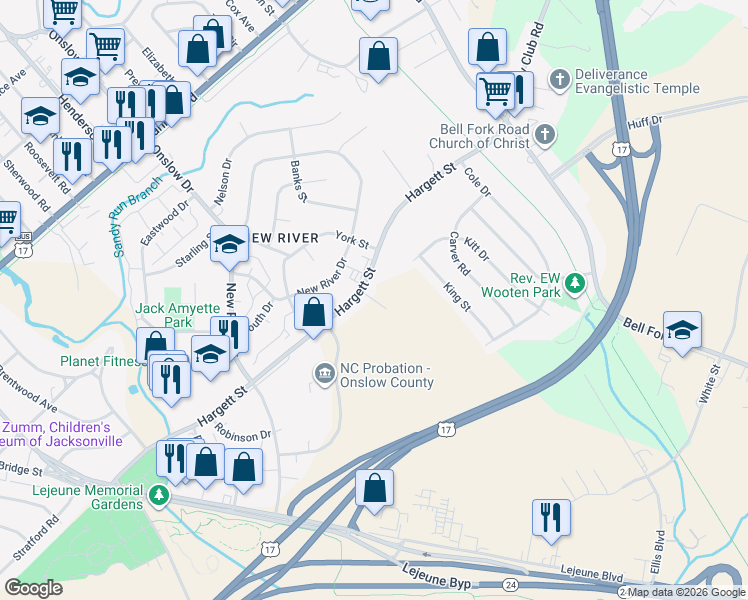 map of restaurants, bars, coffee shops, grocery stores, and more near Rogers Street in Jacksonville