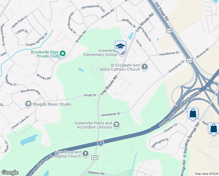 map of restaurants, bars, coffee shops, grocery stores, and more near 108 Canyon Court in Greenville