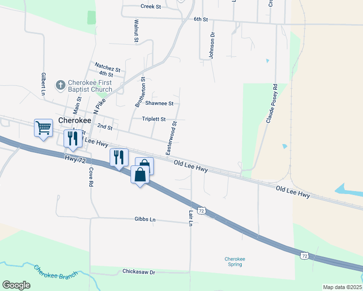 map of restaurants, bars, coffee shops, grocery stores, and more near 200 Easterwood Street in Cherokee
