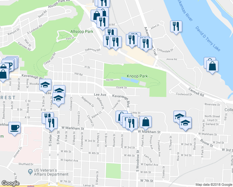 map of restaurants, bars, coffee shops, grocery stores, and more near 1410 Kavanaugh Blvd in Little Rock