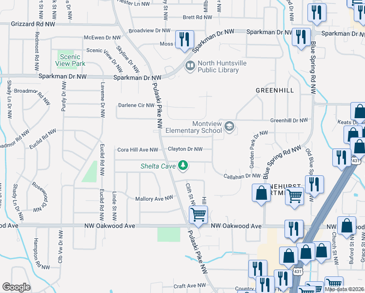 map of restaurants, bars, coffee shops, grocery stores, and more near 2725B Clayton Drive Northwest in Huntsville