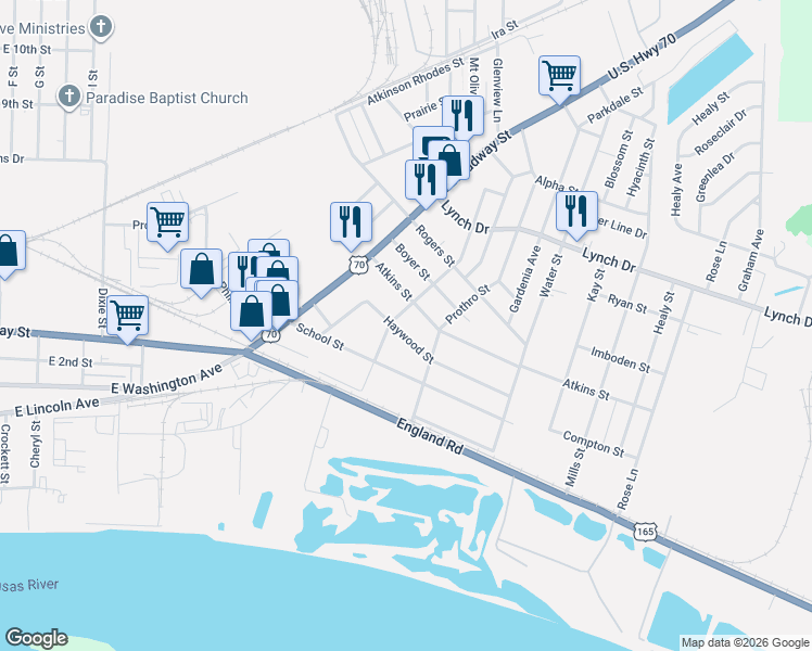 map of restaurants, bars, coffee shops, grocery stores, and more near 4617 Haywood Street in North Little Rock
