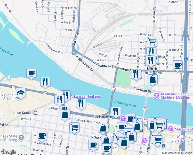map of restaurants, bars, coffee shops, grocery stores, and more near 630 West Riverfront Drive in North Little Rock