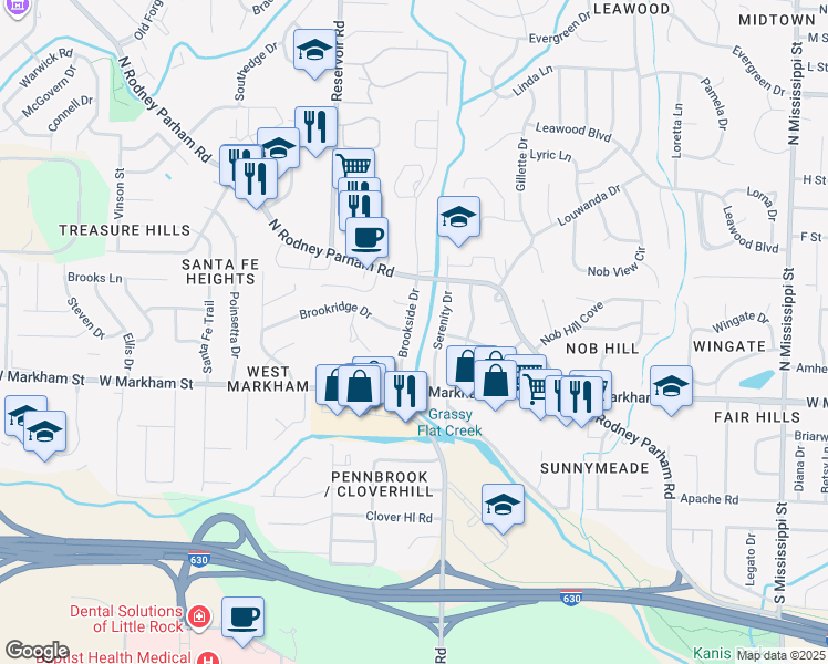map of restaurants, bars, coffee shops, grocery stores, and more near 221 Brookside Drive in Little Rock