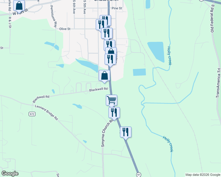 map of restaurants, bars, coffee shops, grocery stores, and more near 839 Georgia 61 in Chatsworth