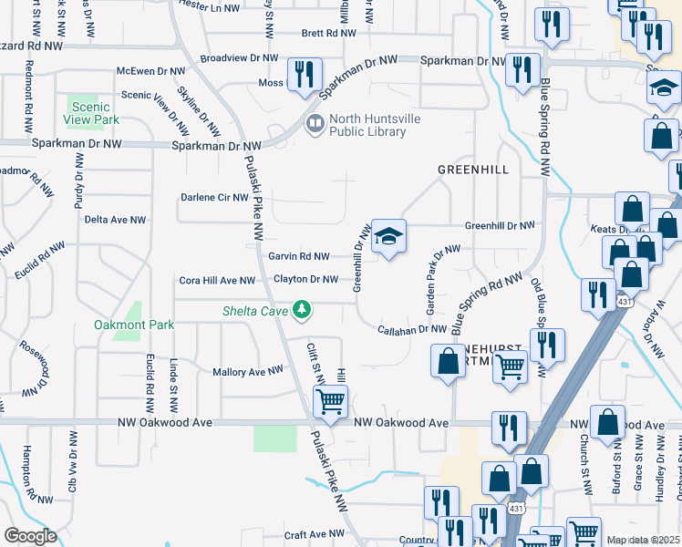 map of restaurants, bars, coffee shops, grocery stores, and more near 2714 Clayton Drive Northwest in Huntsville