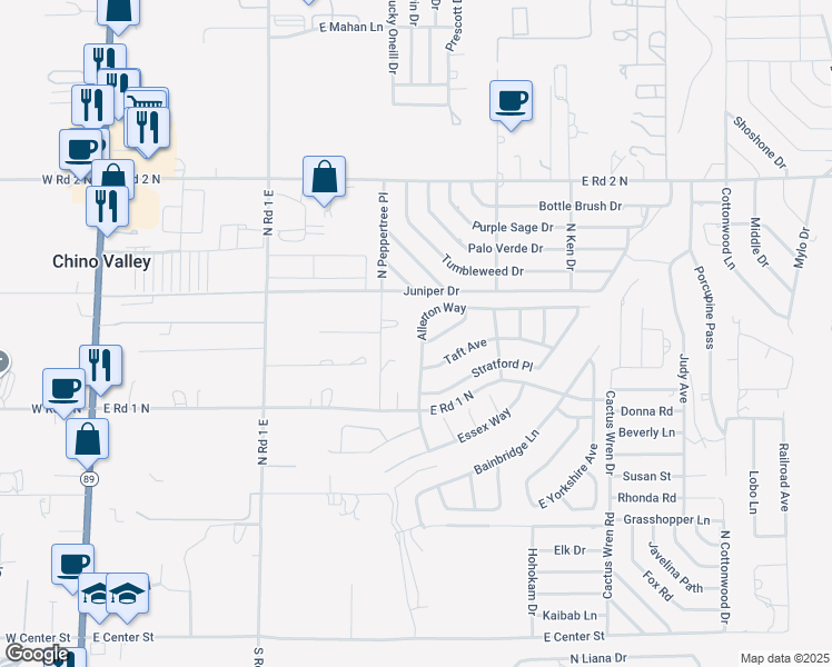 map of restaurants, bars, coffee shops, grocery stores, and more near 846 Allerton Way in Chino Valley