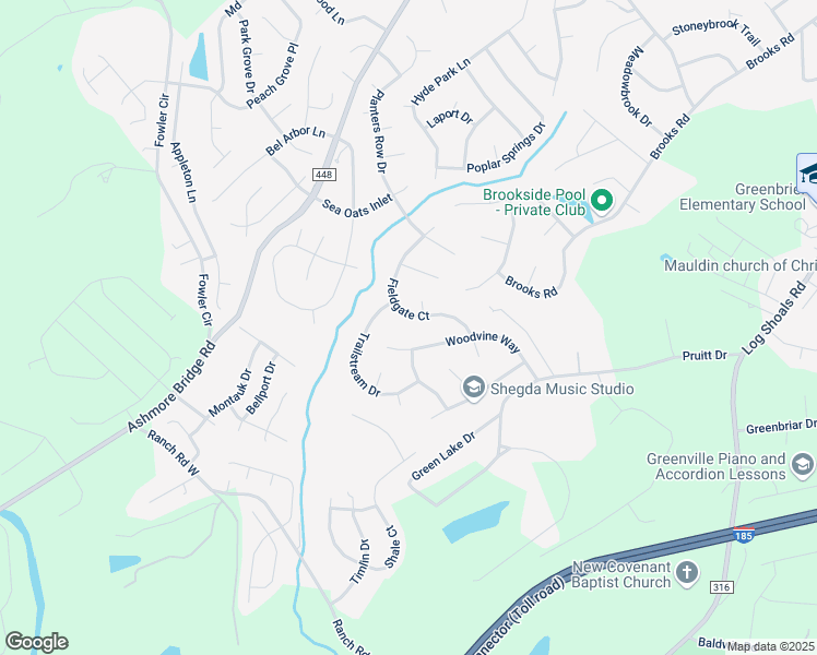 map of restaurants, bars, coffee shops, grocery stores, and more near 304 Woodvine Way in Mauldin