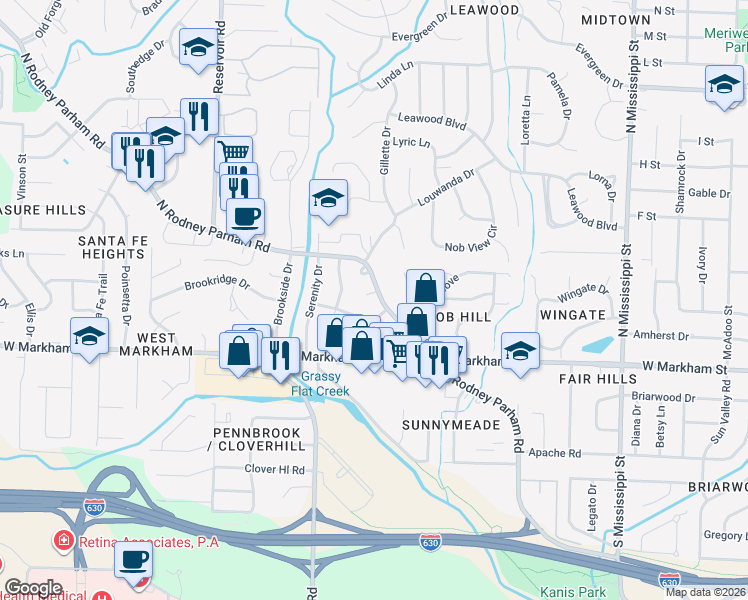 map of restaurants, bars, coffee shops, grocery stores, and more near 1 Eastbrook Circle in Little Rock