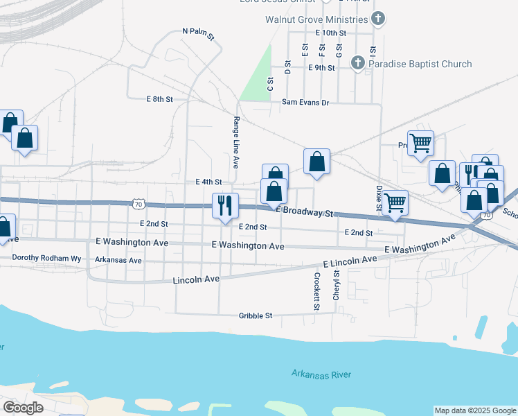 map of restaurants, bars, coffee shops, grocery stores, and more near 3004 East Broadway Street in North Little Rock