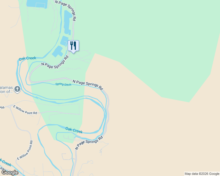 map of restaurants, bars, coffee shops, grocery stores, and more near 1345 North Page Springs Road in Cornville