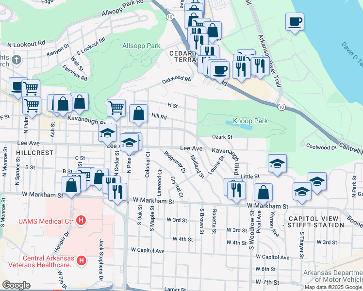 map of restaurants, bars, coffee shops, grocery stores, and more near 500 Midland Street in Little Rock
