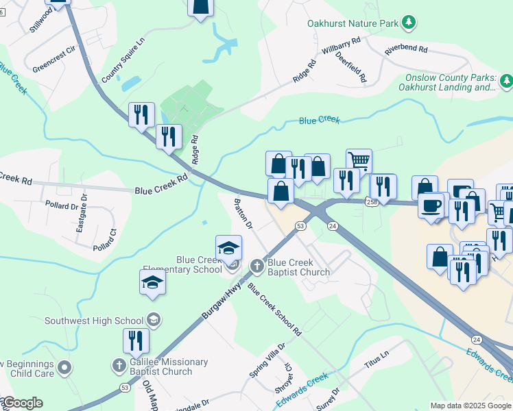 map of restaurants, bars, coffee shops, grocery stores, and more near 129 Bratton Drive in Jacksonville