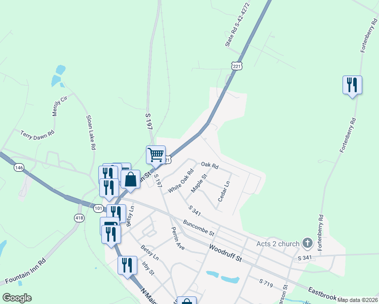 map of restaurants, bars, coffee shops, grocery stores, and more near 10181 U.S. 221 in Woodruff