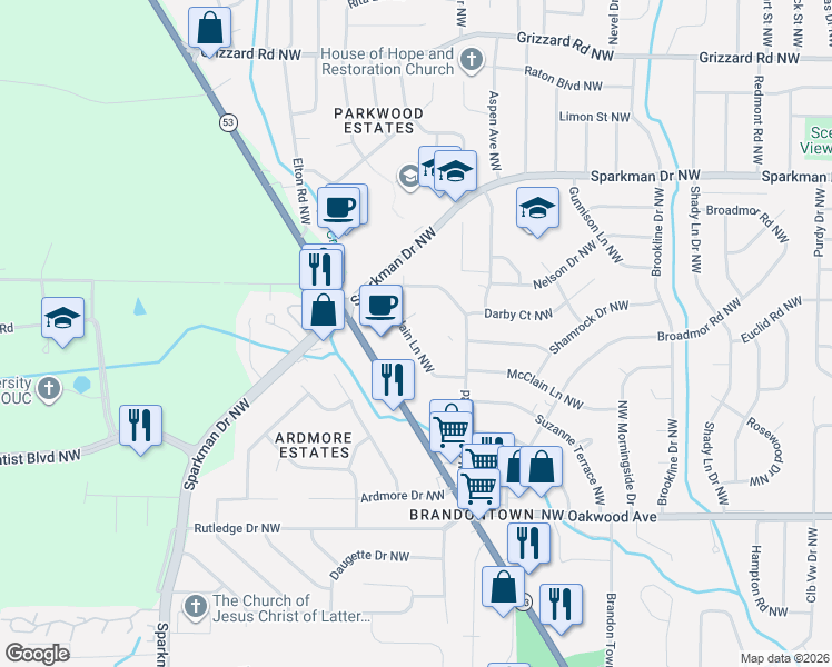 map of restaurants, bars, coffee shops, grocery stores, and more near 4421 Mc Clain Lane Northwest in Huntsville