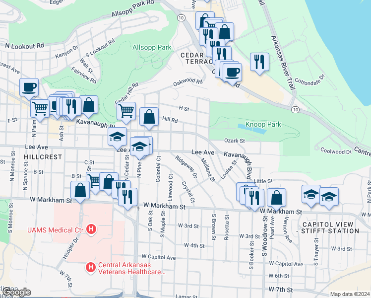 map of restaurants, bars, coffee shops, grocery stores, and more near 491 Ridgeway Drive in Little Rock
