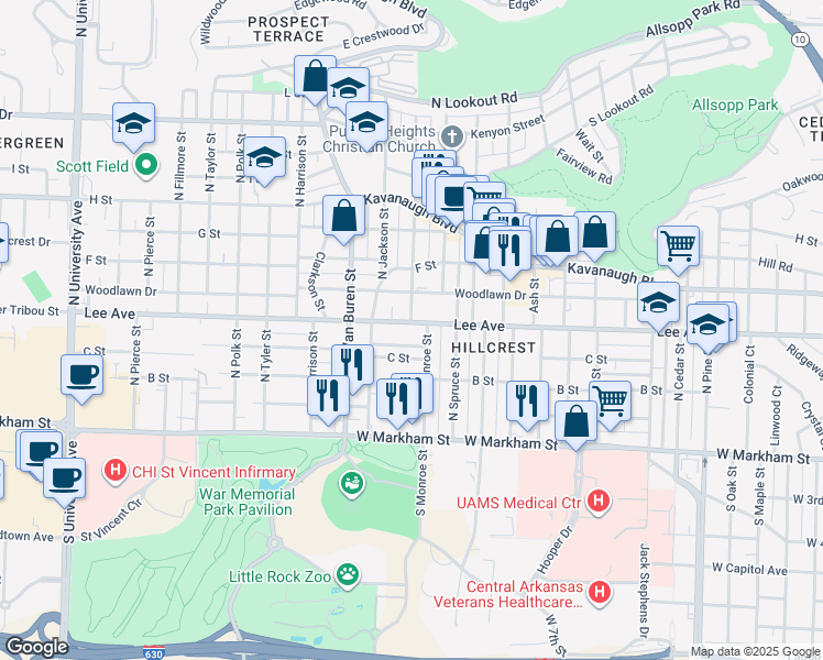 map of restaurants, bars, coffee shops, grocery stores, and more near 4818 Lafayette Avenue in Little Rock