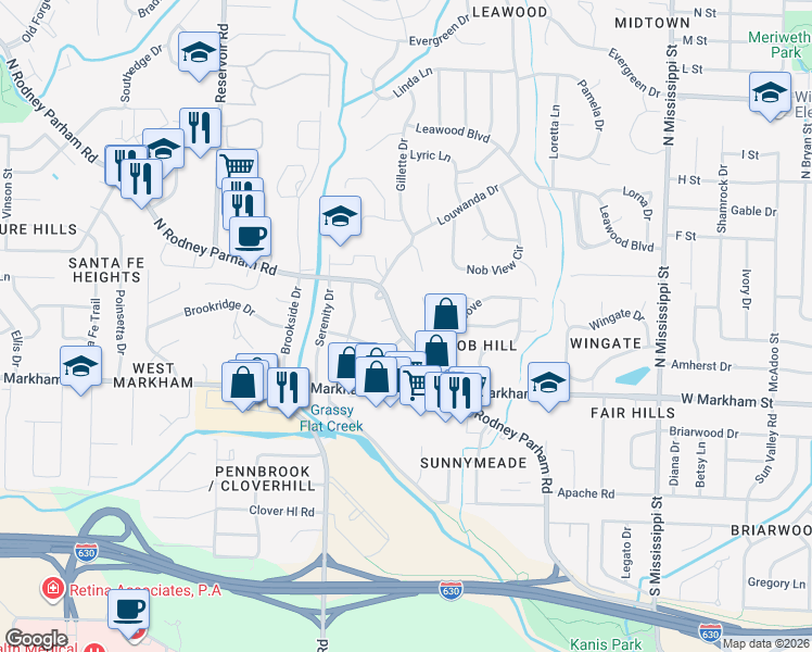 map of restaurants, bars, coffee shops, grocery stores, and more near 8500 North Rodney Parham Road in Little Rock