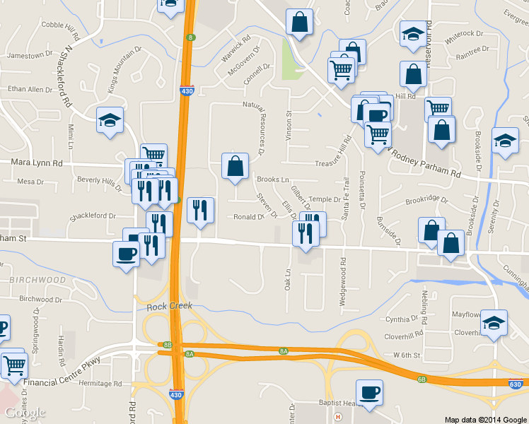 map of restaurants, bars, coffee shops, grocery stores, and more near 10011 Ronald Drive in Little Rock