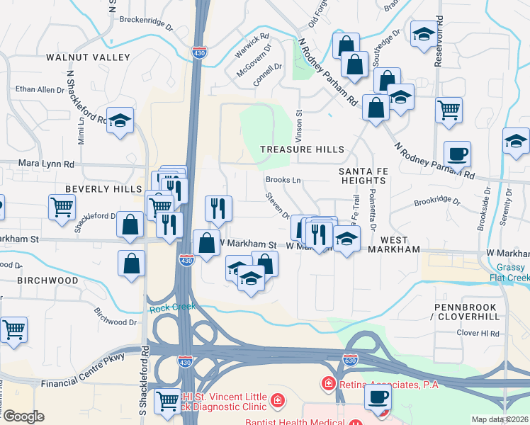 map of restaurants, bars, coffee shops, grocery stores, and more near 10011 Ronald Drive in Little Rock