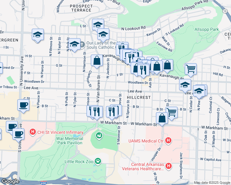 map of restaurants, bars, coffee shops, grocery stores, and more near 4818 Lafayette Avenue in Little Rock