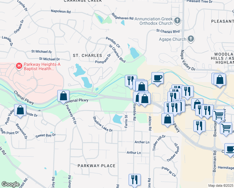 map of restaurants, bars, coffee shops, grocery stores, and more near 13200 Chenal Parkway in Little Rock