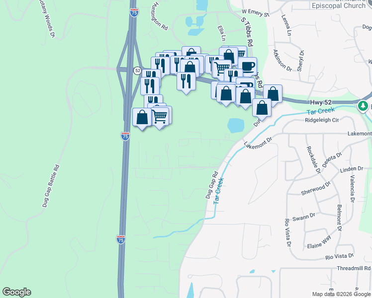 map of restaurants, bars, coffee shops, grocery stores, and more near 1465 Westover Place in Dalton