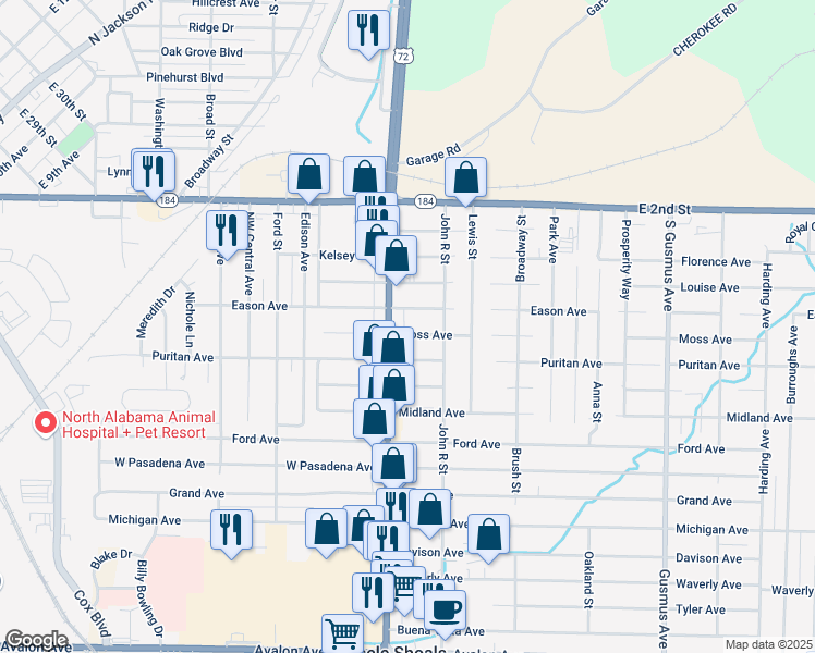 map of restaurants, bars, coffee shops, grocery stores, and more near 601-699 Woodward Ave in Muscle Shoals