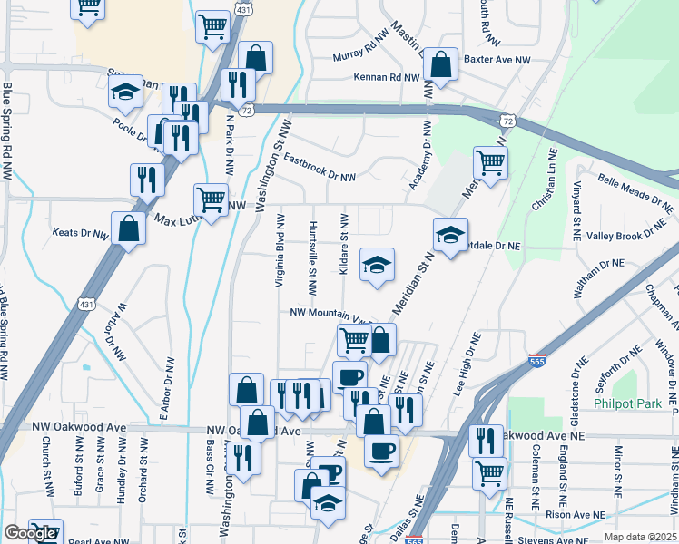 map of restaurants, bars, coffee shops, grocery stores, and more near 2414 Kildare Street Northwest in Huntsville