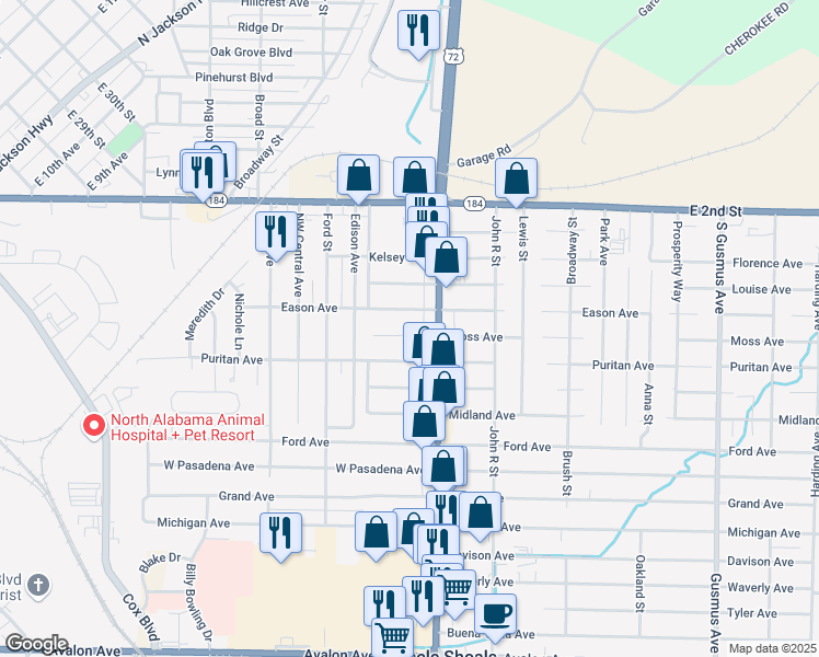 map of restaurants, bars, coffee shops, grocery stores, and more near 500-548 Moss Avenue in Muscle Shoals