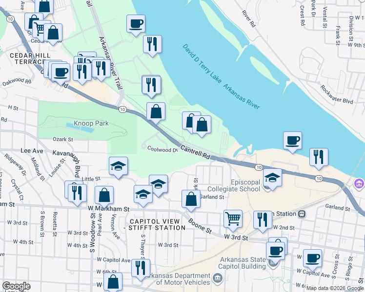 map of restaurants, bars, coffee shops, grocery stores, and more near 9 Coolwood Drive in Little Rock