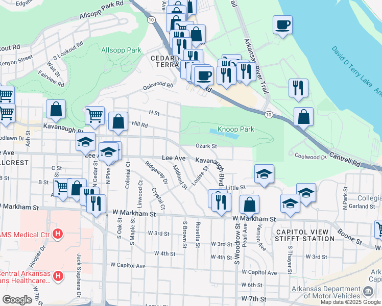 map of restaurants, bars, coffee shops, grocery stores, and more near 444 Fairfax Avenue in Little Rock