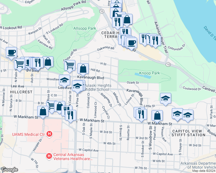 map of restaurants, bars, coffee shops, grocery stores, and more near 500 Midland Street in Little Rock