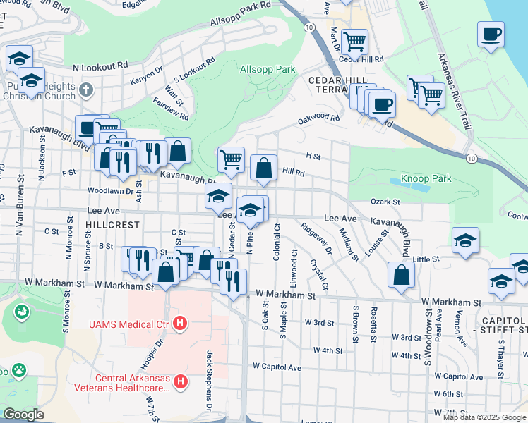 map of restaurants, bars, coffee shops, grocery stores, and more near 401 North Pine Street in Little Rock