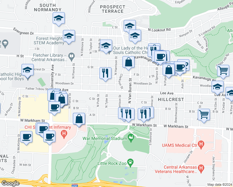 map of restaurants, bars, coffee shops, grocery stores, and more near 5312 C Street in Little Rock