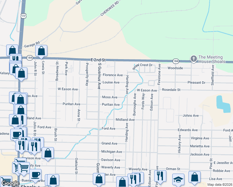 map of restaurants, bars, coffee shops, grocery stores, and more near 1101-1179 Moss Ave in Muscle Shoals