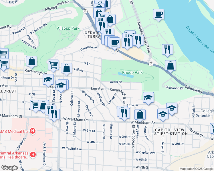 map of restaurants, bars, coffee shops, grocery stores, and more near 444 Fairfax Avenue in Little Rock