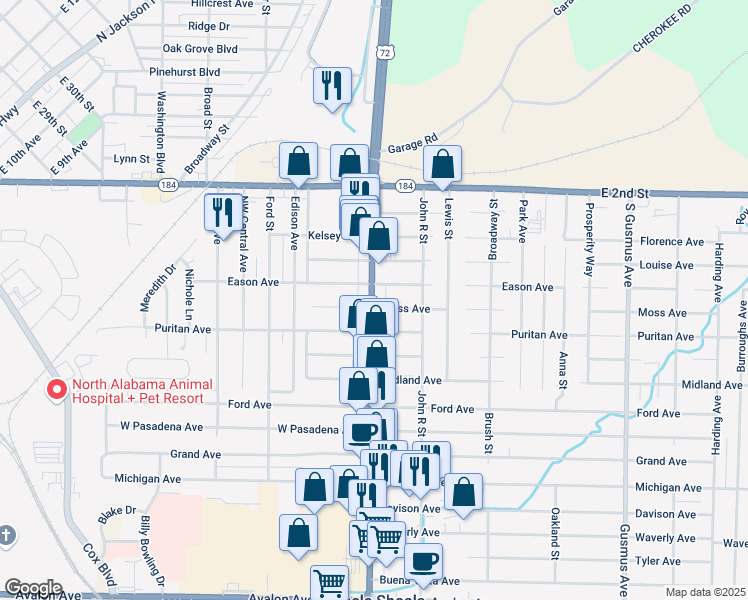 map of restaurants, bars, coffee shops, grocery stores, and more near 601 Woodward Avenue in Muscle Shoals