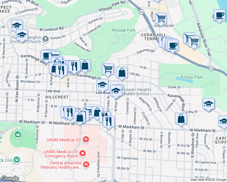 map of restaurants, bars, coffee shops, grocery stores, and more near 3914 Lee Avenue in Little Rock