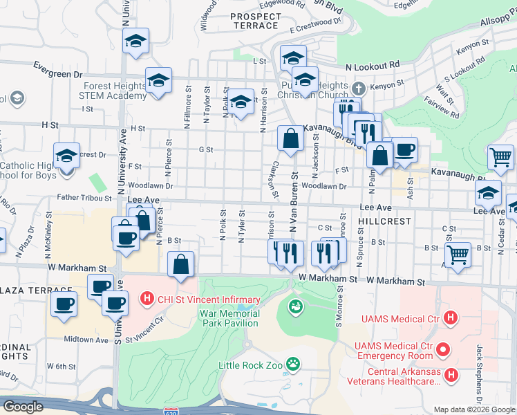 map of restaurants, bars, coffee shops, grocery stores, and more near 5319 Lee Avenue in Little Rock
