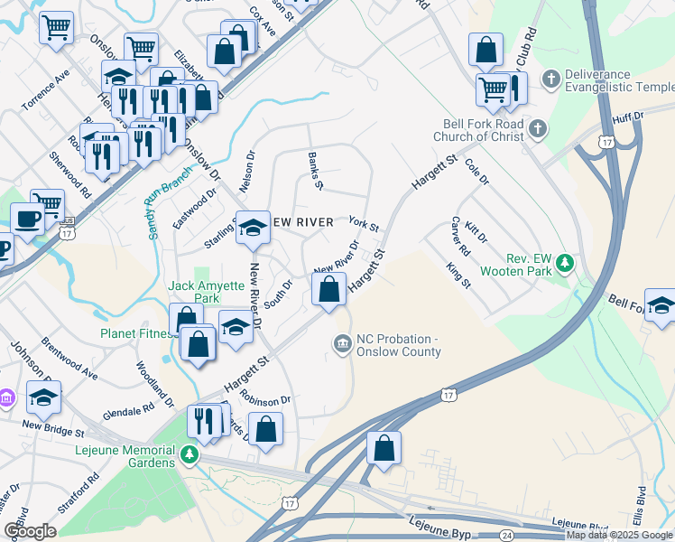 map of restaurants, bars, coffee shops, grocery stores, and more near 717 New River Drive in Jacksonville