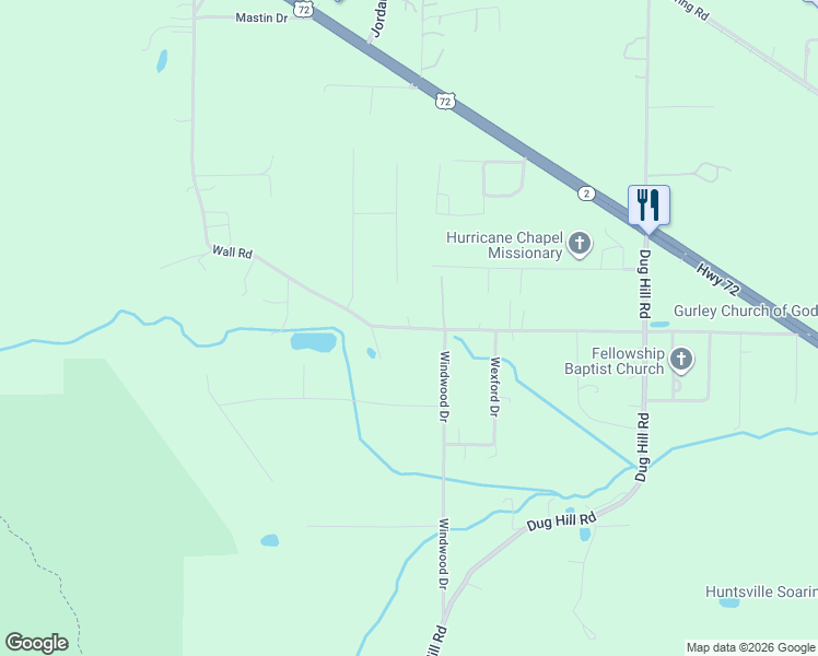 map of restaurants, bars, coffee shops, grocery stores, and more near 564 Wall Road in Huntsville